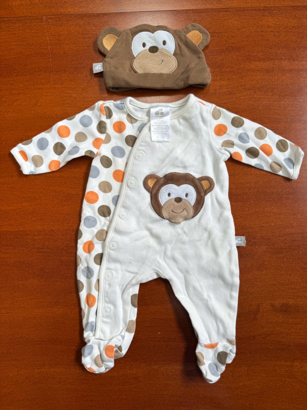 JustBorn Little Peanut Monkey Footed Sleeper & Hat Set 3M